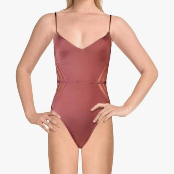 BCBGMAXAZRIA V-Neckline Mio One Piece Swimsuit, Apricot Blush//Behind Th - Picture 1 of 1